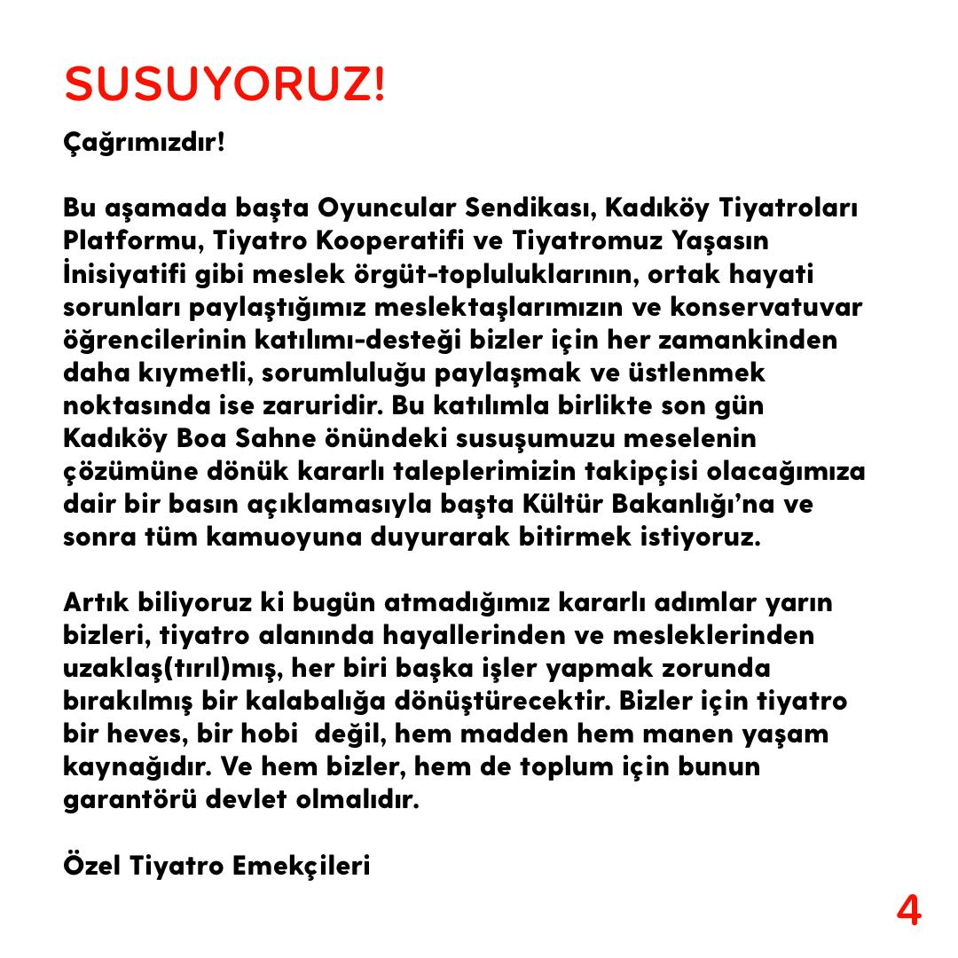 .denizelmas (@denizzelmas) on Twitter photo özel (ödeneksiz) tiyatro emekçilerinin 12 gündür neden sustuğunu duydunuz mu? <a href="/serdildara/">Av. Şerdil Dara Odabaşı</a> <a href="/kadikoybelediye/">Kadıköy Belediyesi</a> <a href="/TCKulturTurizm/">T.C. Kültür ve Turizm Bakanlığı</a> <a href="/HMBakanligi/">T.C. Hazine ve Maliye Bakanlığı</a>
#Susuyoruz özel (ödeneksiz) tiyatro emekçilerinin 12 gündür neden sustuğunu duydunuz mu? <a href="/serdildara/">Av. Şerdil Dara Odabaşı</a> <a href="/kadikoybelediye/">Kadıköy Belediyesi</a> <a href="/TCKulturTurizm/">T.C. Kültür ve Turizm Bakanlığı</a> <a href="/HMBakanligi/">T.C. Hazine ve Maliye Bakanlığı</a>
#Susuyoruz