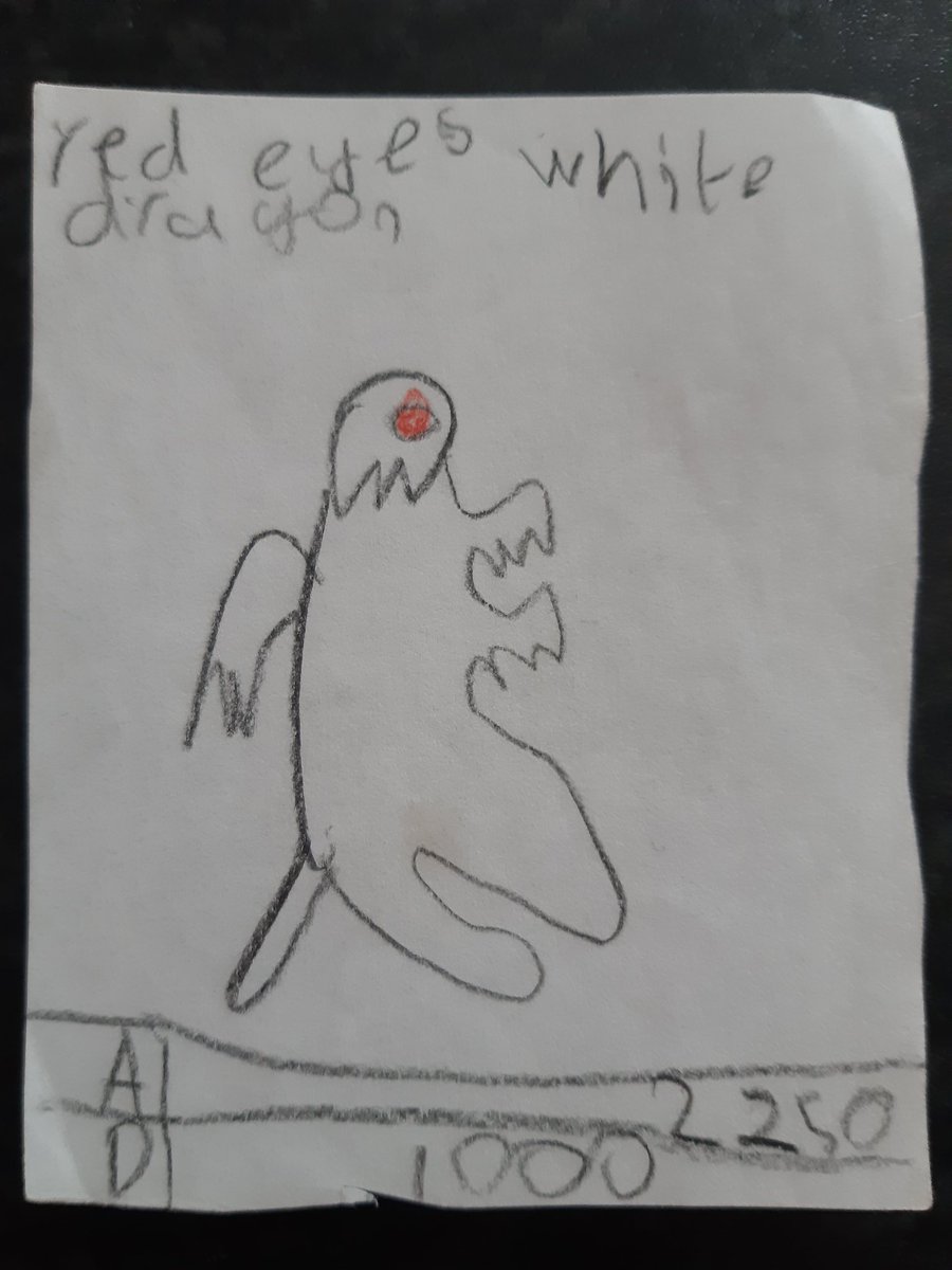 Day 3: After making 3 blues eyes white dragons, child me decided he had effectively mastered the art of drawing blue eyes white dragon. Red eyes black dragon seemed to hard to draw (and too much colouring) so I made an original card. Presenting "Red eyes white dragon".