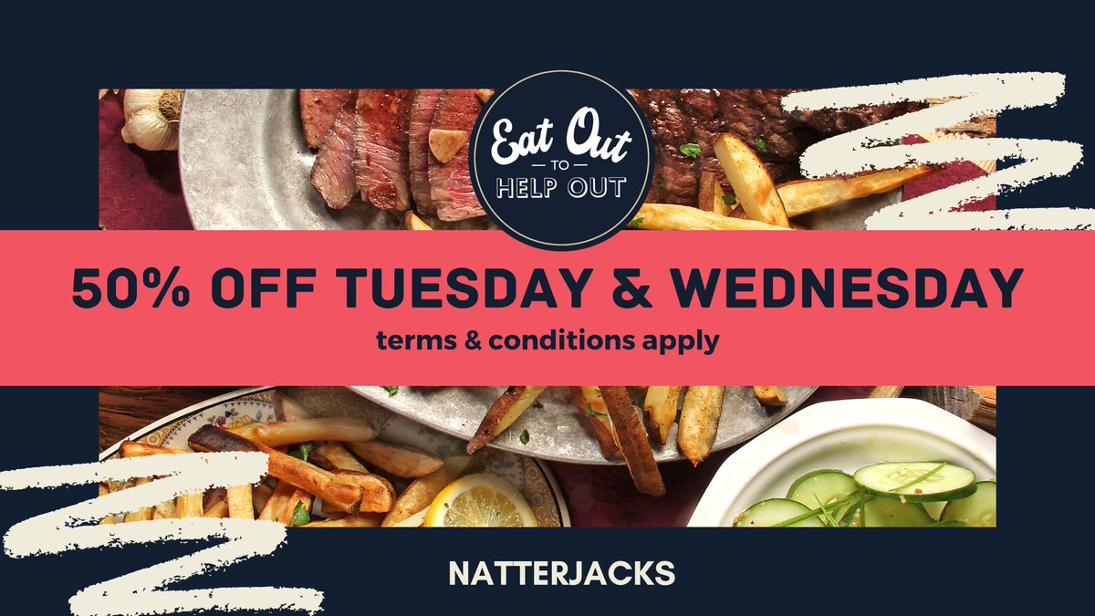 🤩 eat out to help out

🤩 50% off your food bill (upto the value of £10 per person) 

🤩 every Tuesday &amp; Wednesday throughout August 

🤩 book your table through our Facebook page or give us a call