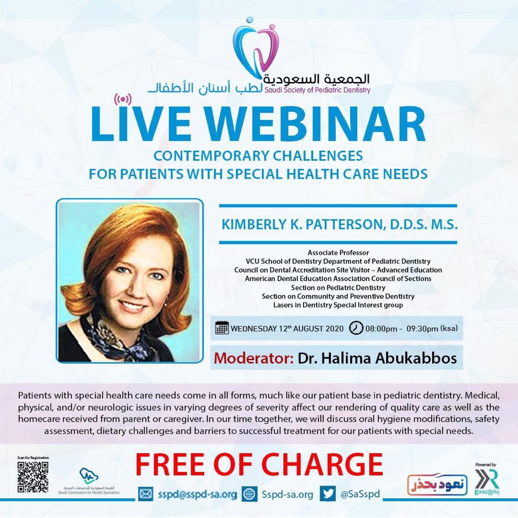 sspd_sa's tweet photo. @SchsOrg 
@DentalSaudi
@KPDA_Kw
@espsn2019
@ArAPD2015
@dent_GDSA
@KR_Organisation
Welcome back 💐
You are invited to attend our next free online webinar on Wednesday 12-8-2020 -Time: 8:00- 9:30 PM(KSA).
Speaker: Prof. Kimberly K. Patterson
👍🏻👍🏻
Register:
https://t.co/44lCeA61Bq https://t.co/vVV7P2XPc7