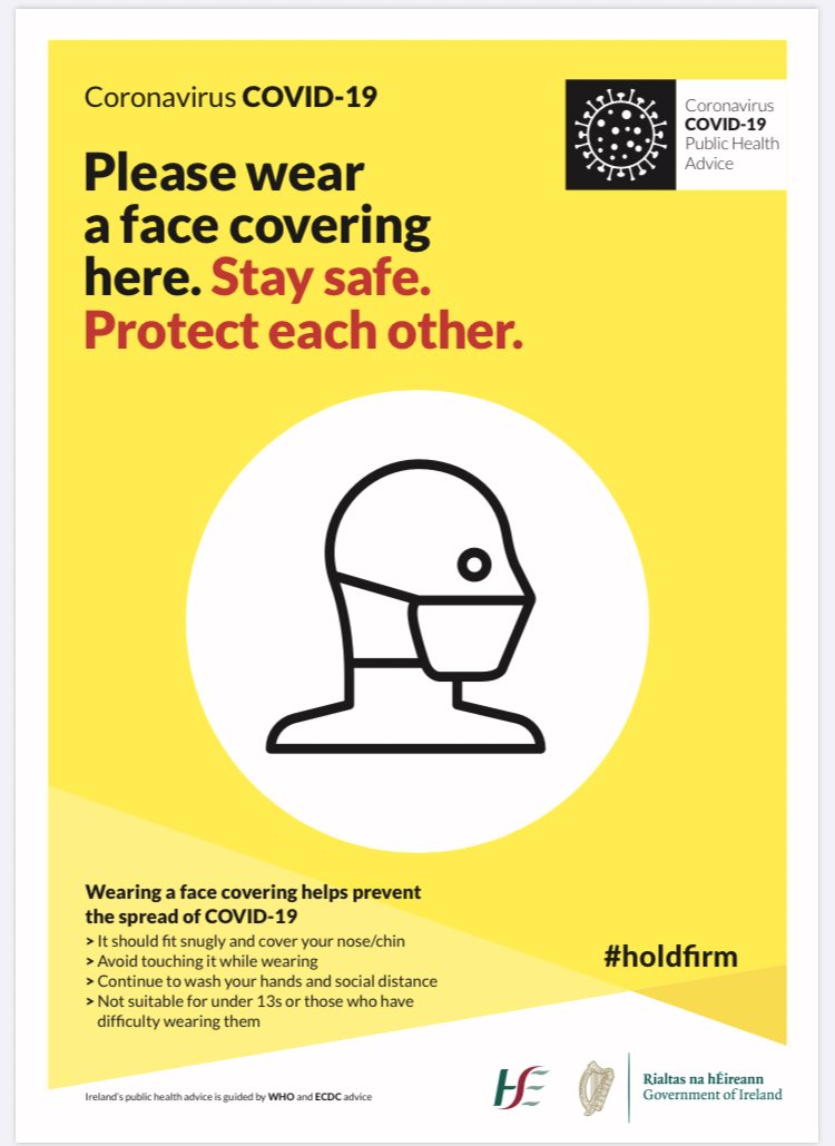 From today, people in Ireland are requested to wear a face covering in a variety of indoor settings, such as supermarkets, shopping centres, cinemas and theatres. 

Those under 13 or who have difficulty wearing them are not asked to do so. 

#COVID19 #HoldFirm