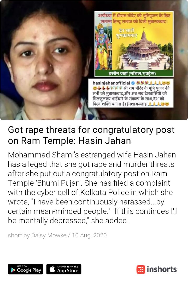 NaveenK66840151's tweet photo. @hasinjahanofficial
We are with you. She was given #Rape #threat and #murder after posting #Cingratulations for #RamMandirBhumiPujan. #Lord #Ram is #Suoreme of all not only some.
Request @KolkataPolice to provide security to #HasinJahan. @KolkataBjp @BJPWBengal. https://t.co/gm5r1y1BZq