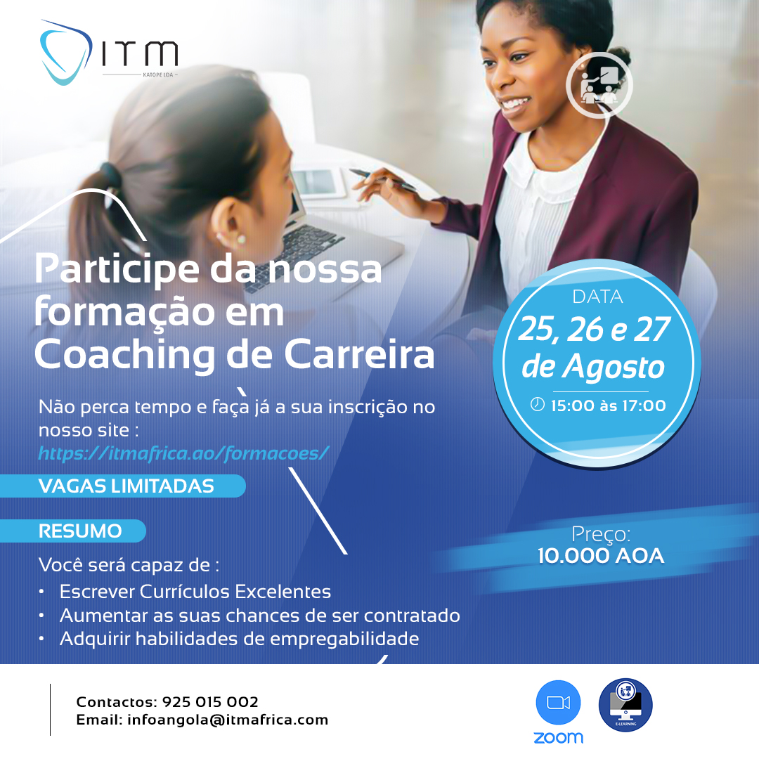 ItmAngola's tweet photo. Por apenas 10.000,00 AOA, você pode juntar-se a nós na 2ª edição da formação em Coaching de Carreira que ajudará a desenvolver habilidades e maturidade para a preparação e escolhas profissionais.

Faça já a sua inscrição:
https://t.co/FQmsoRKfNJ

#formação #Luanda #Angola https://t.co/MaHxVRMpEi