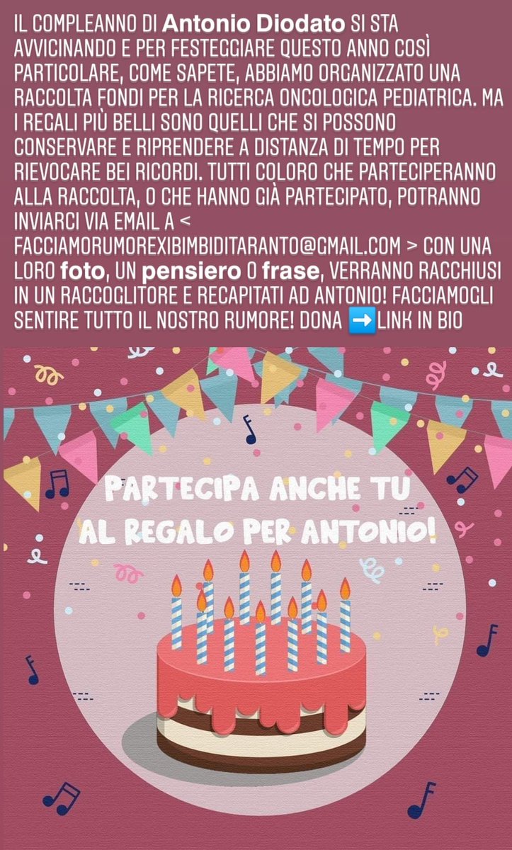 FacciamoRumore's tweet photo. Come regalo per il compleanno di Antonio #Diodato è stata aperta una raccolta fondi per la ricerca oncologica pediatrica a #Taranto. Avete ancora poche ore per contribuire, visto che oggi a mezzanotte si concluderà.
FORZA! Facciamo rumore💪💙❤️➡️https://t.co/1o7XHDu4hd #fairumore https://t.co/oFHckuOutF
