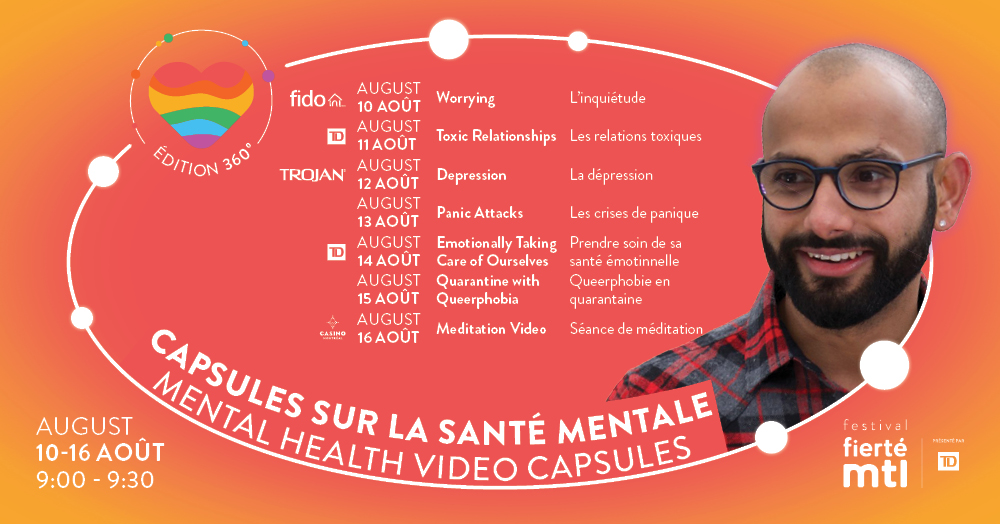 FierteMTLPride's tweet photo. Sur notre page Facebook à 9 h / On our Facebook page at 9am️

Santé mentale avec Deepak Kashyap

Le sujet présenté aujourd'hui : L'inquiétude, présenté par @Fidomobile.
Today's theme: Worrying, presented by @Fidomobile

#FierteMTL #PrideMTL #Fierte360 #Pride360 #mtlmoments https://t.co/vrma8ekFui
