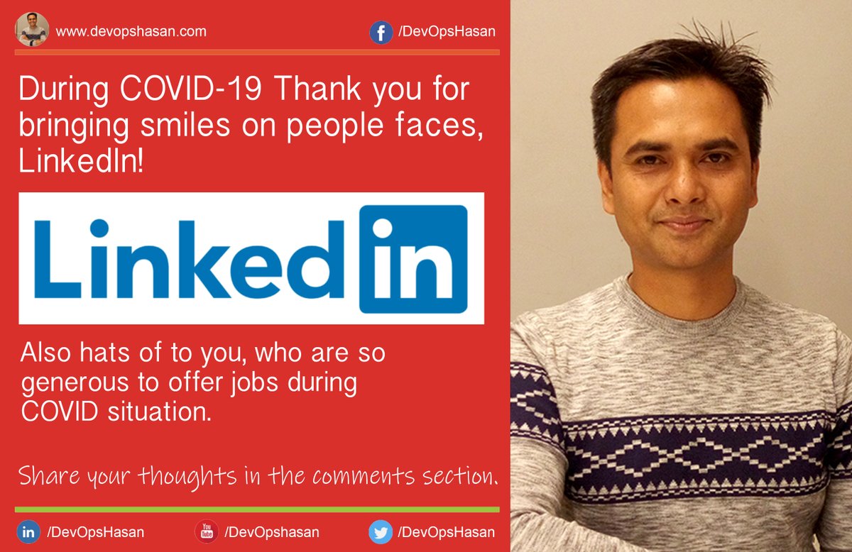 DevOpsHasan's tweet image. During COVID-19 many people have lost their jobs. They used LinkedIn and asked for help. Now many of them are happy again at receiving new job opportunities. Thank you for bringing smiles on their faces, LinkedIn!  
@LinkedIn