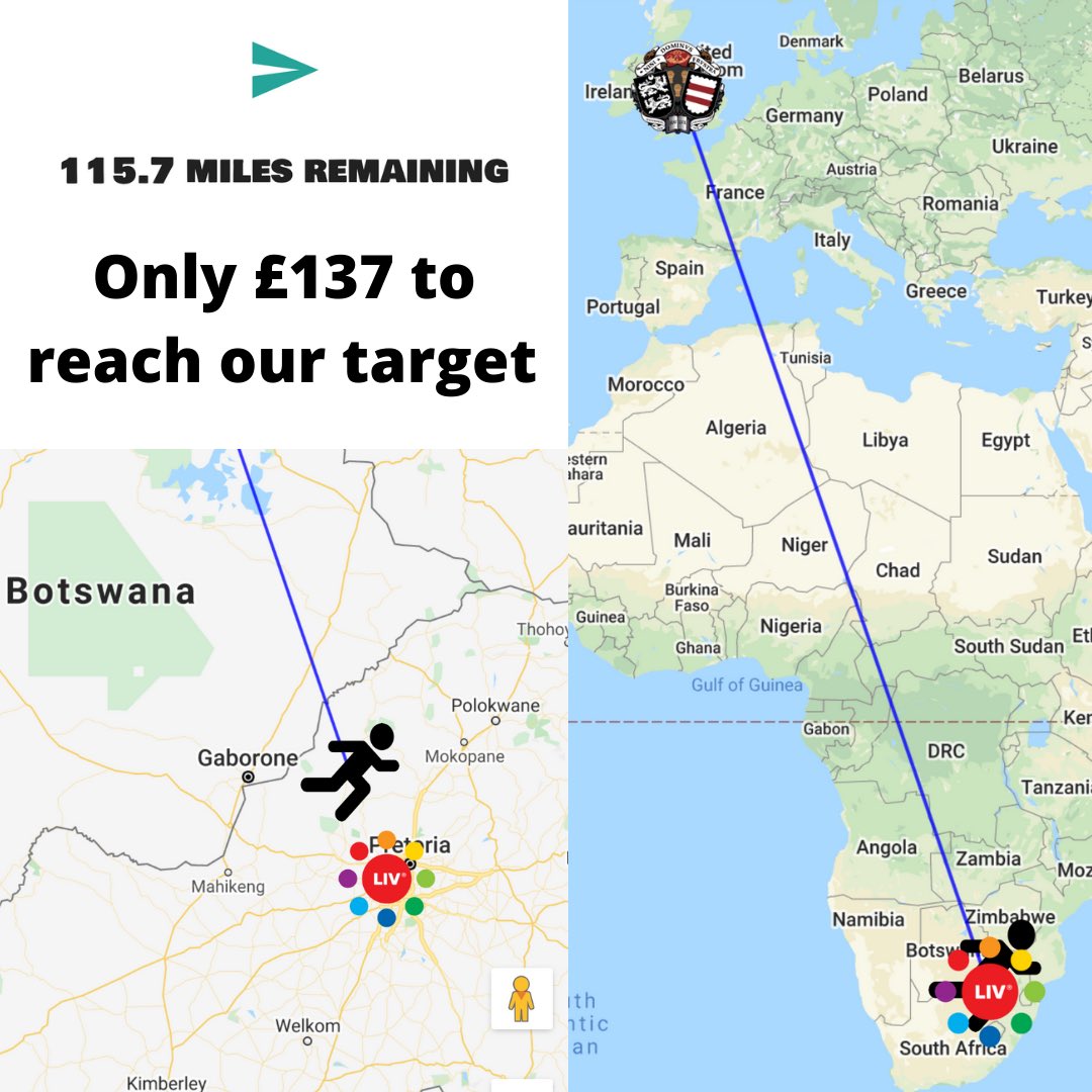 RefilweUK's tweet photo. FINALLY WE ARE IN SOUTH AFRICA 🇿🇦!

Over the weekend we have pushed miles and donations. We only have 115 miles and £137 to reach the end of our journey 🤩 

Any donations to get us to our target would be amazing  https://t.co/1Mhhb1yoiD

#challenge #charity #miles #run https://t.co/Z6DMlkXNDX