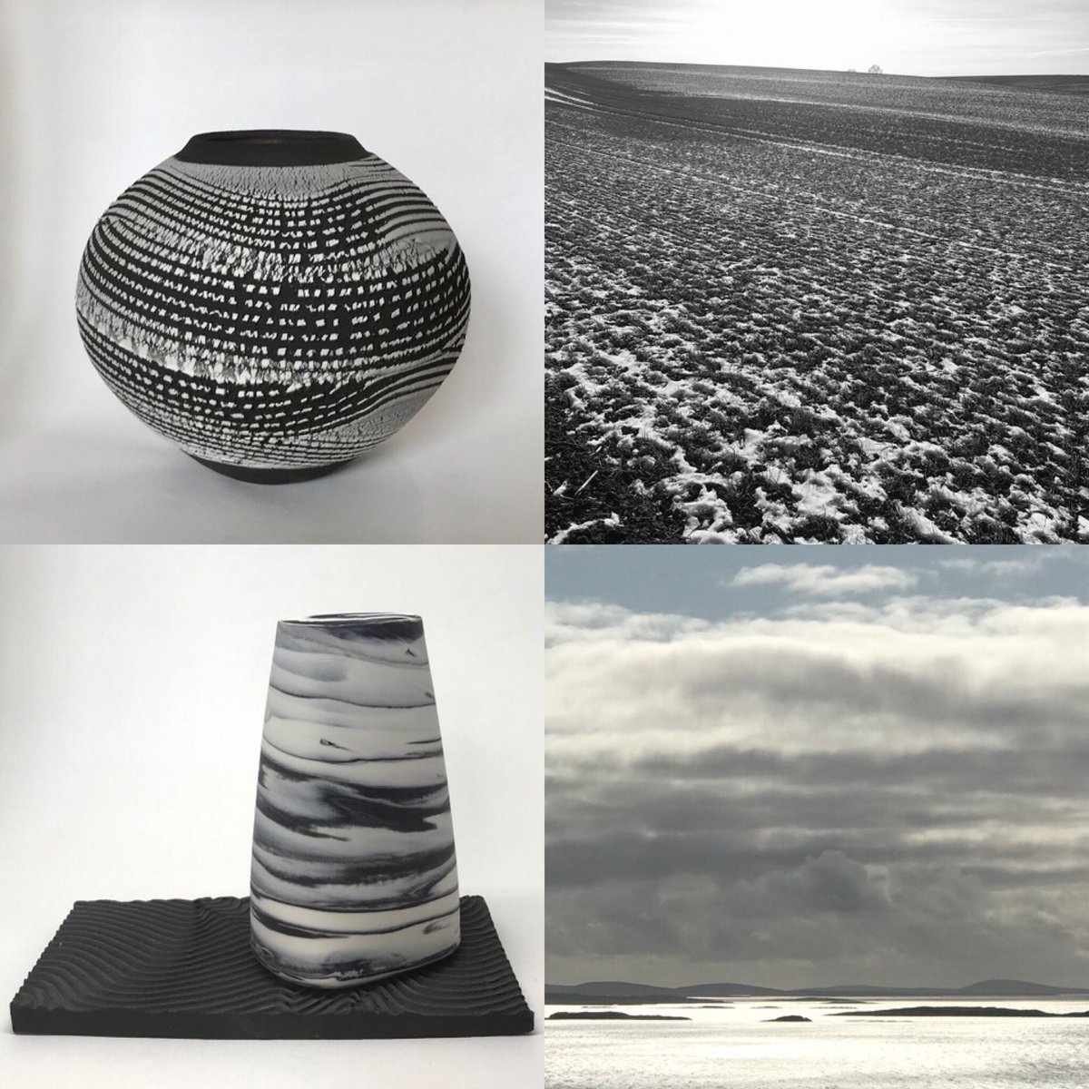 ClaydonGallery's tweet photo. Winter Field (top) &amp; Winter Sky (below) &amp; the landscape inspiration behind them by talented studio potter Kirsteen Holuj. These &amp; more can be seen in our online exhibition ‘Handmade’ throughout August at https://t.co/Npo67qNArr #handmade #artistmaker #studiopottery https://t.co/WpGaxEu06K