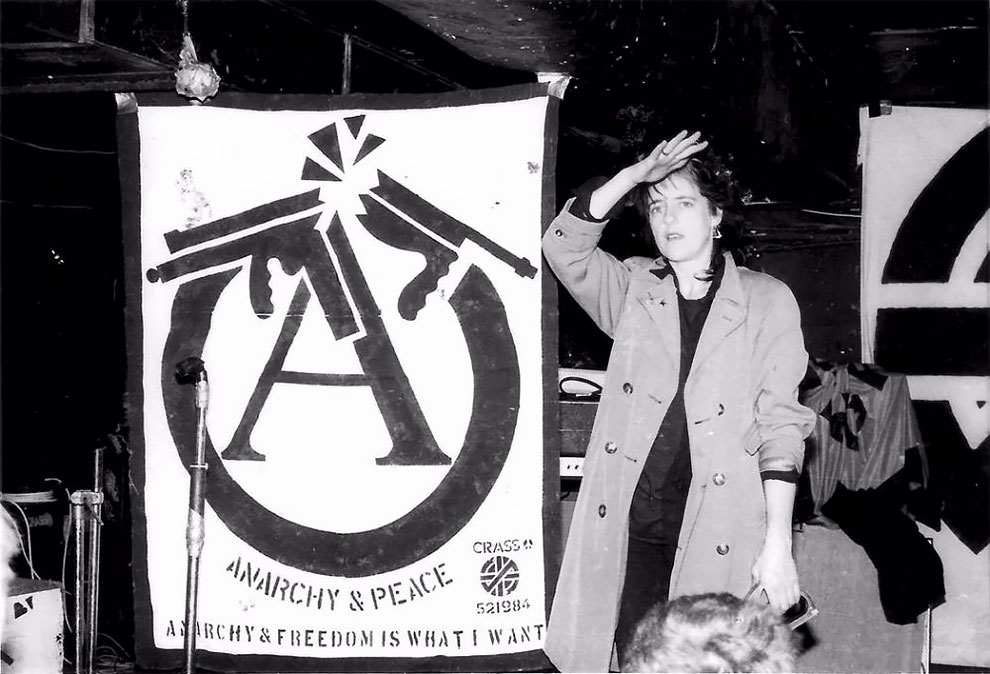 sweetienippy's tweet photo. Gee Vaucher of Crass at Eric’s, Liverpool, 1979. Pic: Mark Nick Jordan. https://t.co/Ua3NrctkSB
