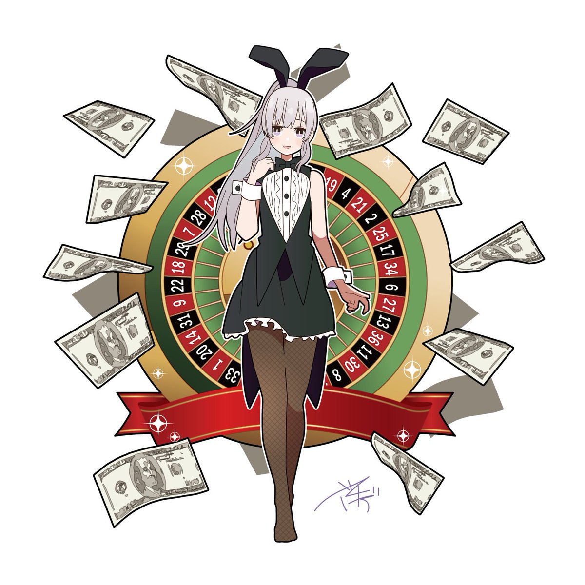 1girl solo rabbit ears animal ears pantyhose grey hair long hair  illustration images