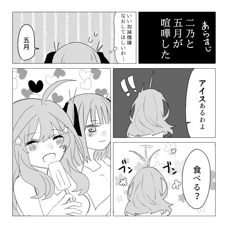 二乃は絶対五月ちゃんのアホ毛好きだろうな…っていうにのいつ
#五等分の花嫁 