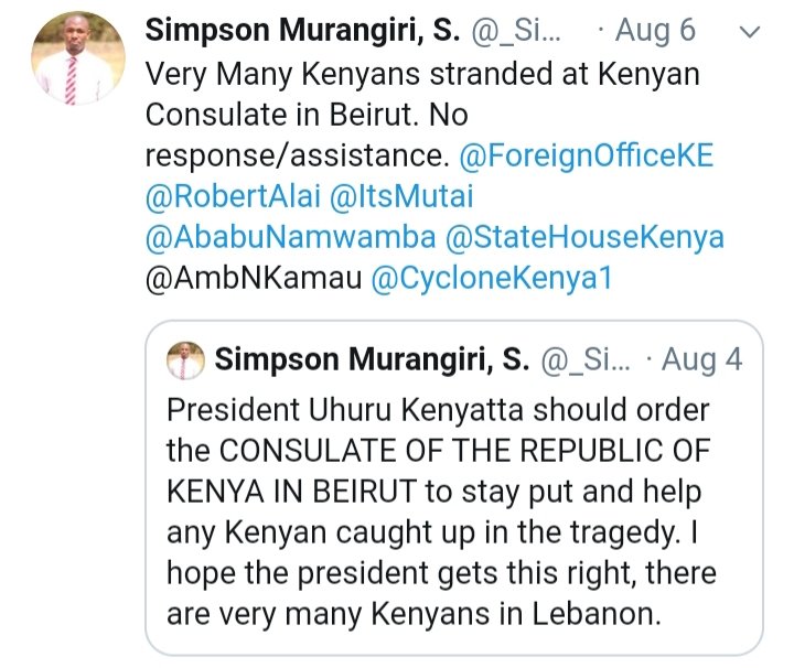 Whether it was on 4th of Aug, today or any other day, the Kenyan Government will have to rescue Kenyans stranded in Beirut. Stop subjecting your own citizens to torture. It takes nothing to by ideas of pedestrians. The tweet was made 15 minutes after BEIRUT tragedy.
