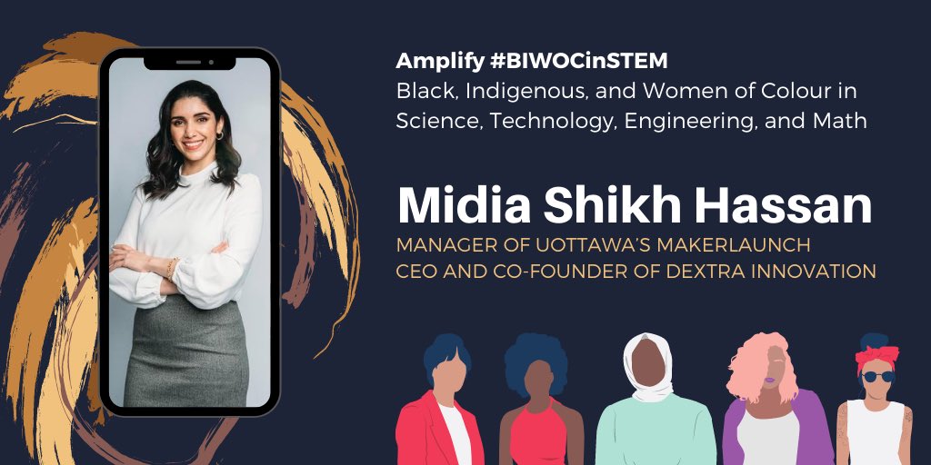 #BIWOCinSTEM Spotlight: Meet <a href="/MidiaHassan/">Midia S Hassan</a>!  She manages @uoMakerlaunch and is the cofounder and CEO of @3dextra, where she 3D prints prosthetics.  Throughout #COVID19, she also worked with the <a href="/uOCEED/">CEED</a> team to 3D print PPE!