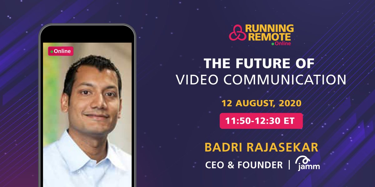 Running Remote (@runningremote) on Twitter photo If youโre #workingremotely, thereโs probably not a day that goes by without a #videochat. So, in his session <a href="/baddn/">Badri Rajasekar โจ</a>, CEO <a href="/jammhq/">Jamm</a> will explore the future of #videocommunication & how the experience differs for social & work use.
Register here ๐ ow.ly/m8bS50AUJtj for FREEโ If youโre #workingremotely, thereโs probably not a day that goes by without a #videochat. So, in his session <a href="/baddn/">Badri Rajasekar โจ</a>, CEO <a href="/jammhq/">Jamm</a> will explore the future of #videocommunication & how the experience differs for social & work use.
Register here ๐ ow.ly/m8bS50AUJtj for FREEโ
