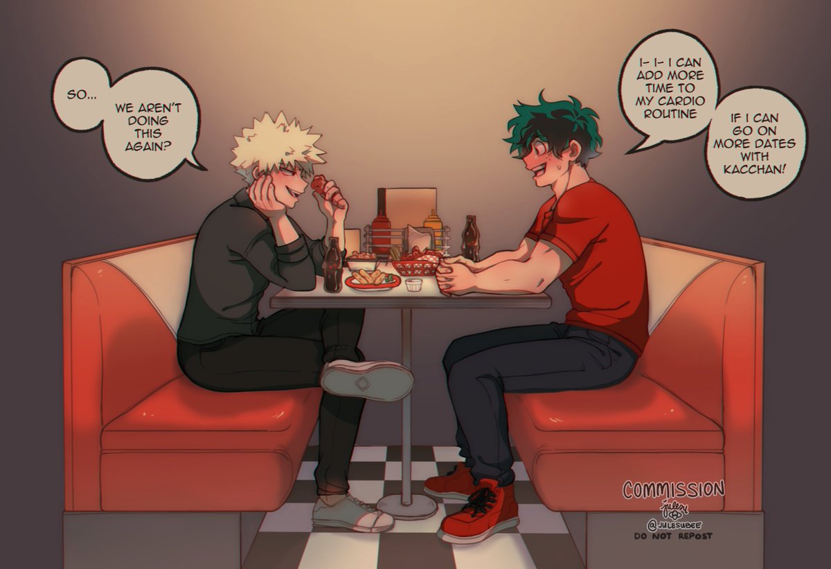 Commission for @obsessedmha!
Nerd Kacchan and Jock Izuku on a date at a diner!
I'm so in love with them ?? 
#bkdk #bakudeku 