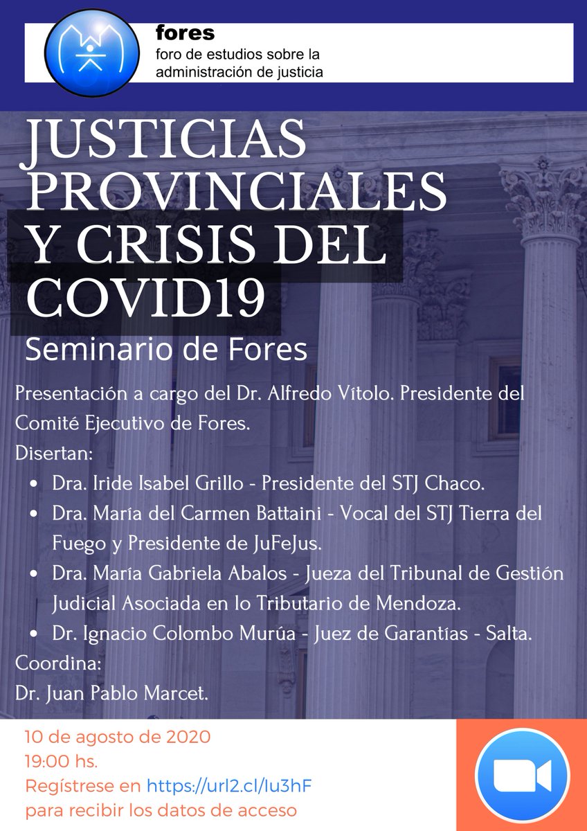 JUSTICIAS PROVINCIALES Y CRISIS DEL COVID19
Los esperamos esta tarde a las 19:00 hs. en Zoom.

Regístrese en url2.cl/Iu3hF para recibir los datos de acceso!

#Justicia #COVID19