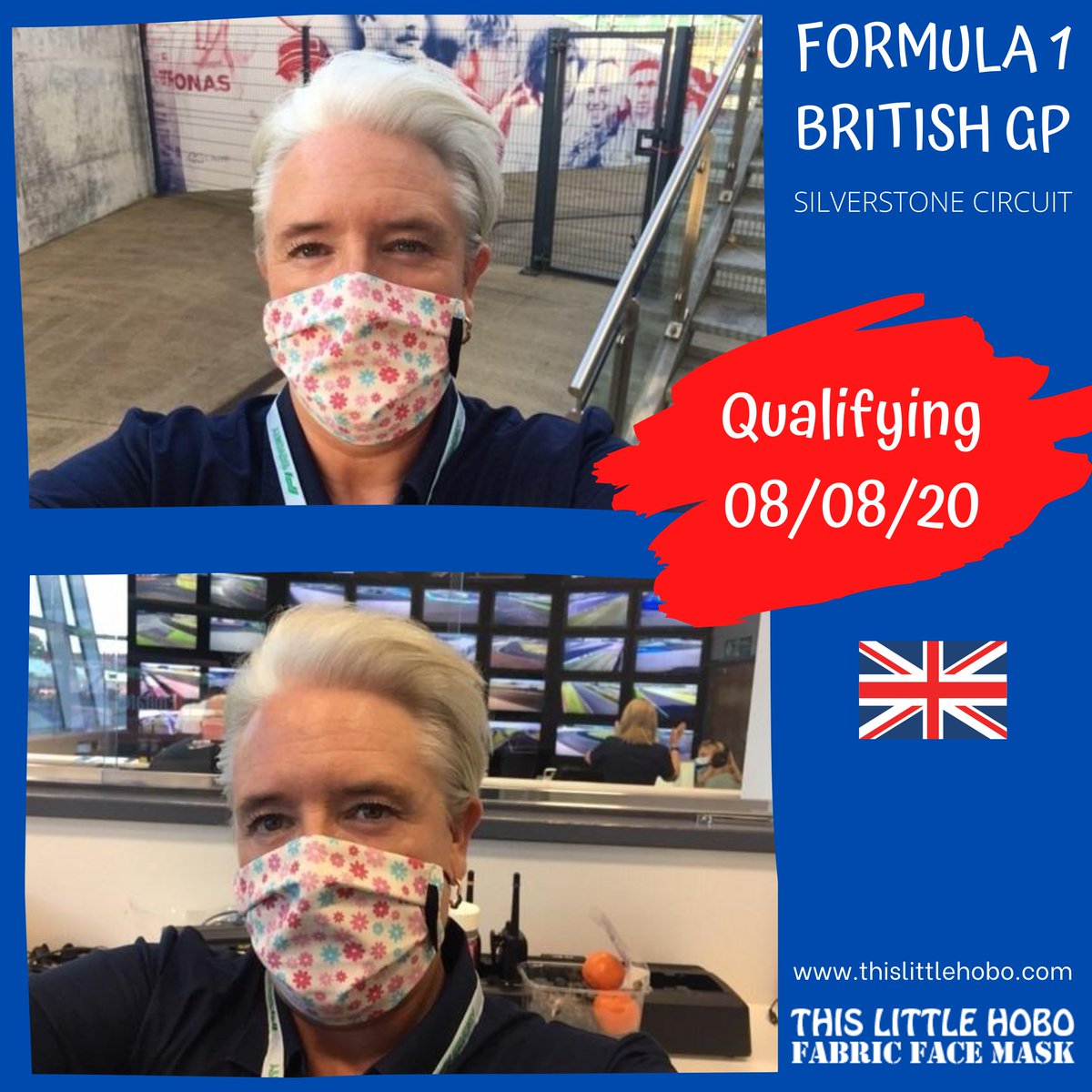 thislittlehobo's tweet photo. 3 days, 3 different looks at the #Formula1 #BritishGP. No crowds at the #70thf1 but a #happycustomer was there sporting my #facemasks. If you too are in need of a #comfortable #facemask see what makes these so special at https://t.co/cgdVCkwPYs. Congrats to Max and @redbullracing https://t.co/hXlqYtQc1q