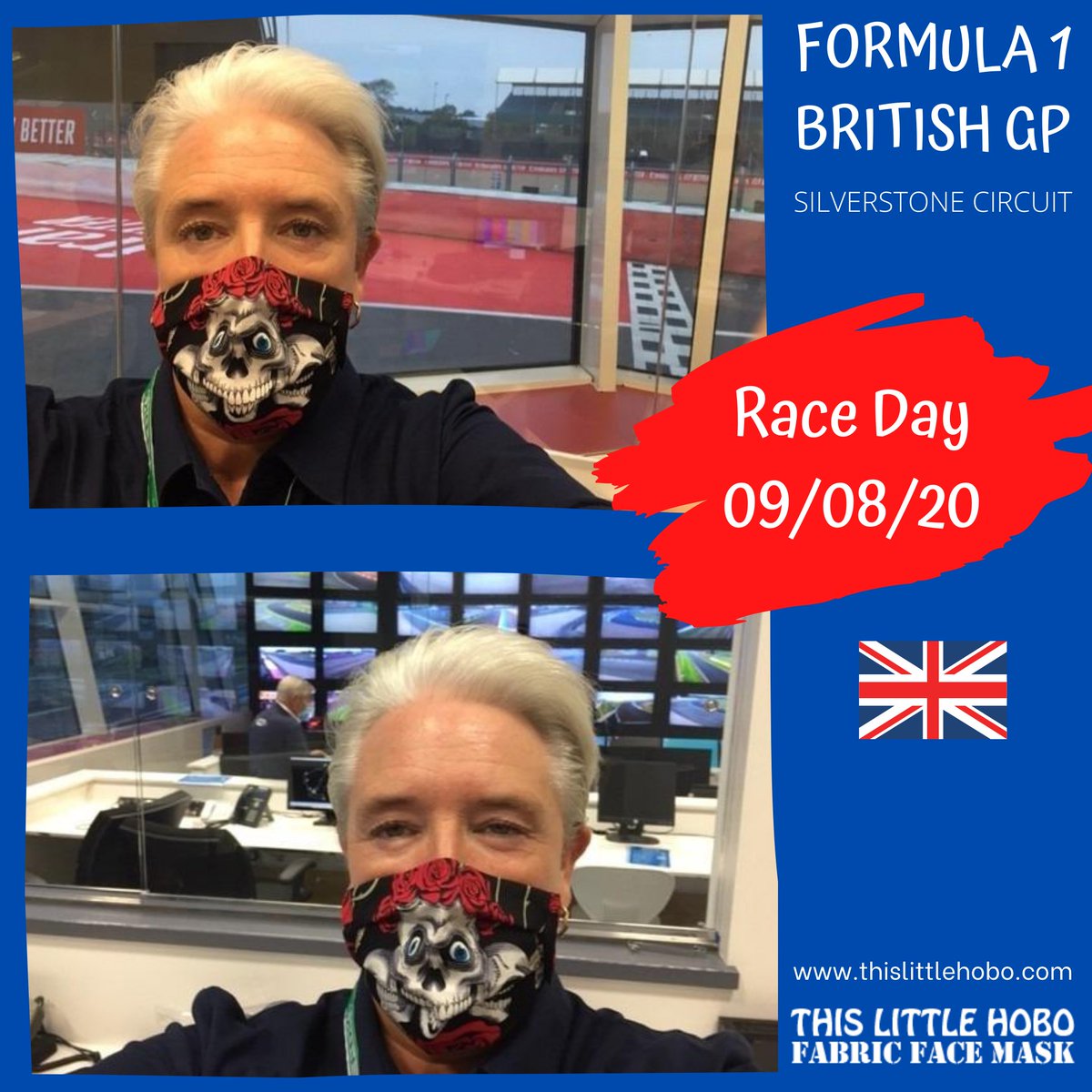 thislittlehobo's tweet photo. 3 days, 3 different looks at the #Formula1 #BritishGP. No crowds at the #70thf1 but a #happycustomer was there sporting my #facemasks. If you too are in need of a #comfortable #facemask see what makes these so special at https://t.co/cgdVCkwPYs. Congrats to Max and @redbullracing https://t.co/hXlqYtQc1q