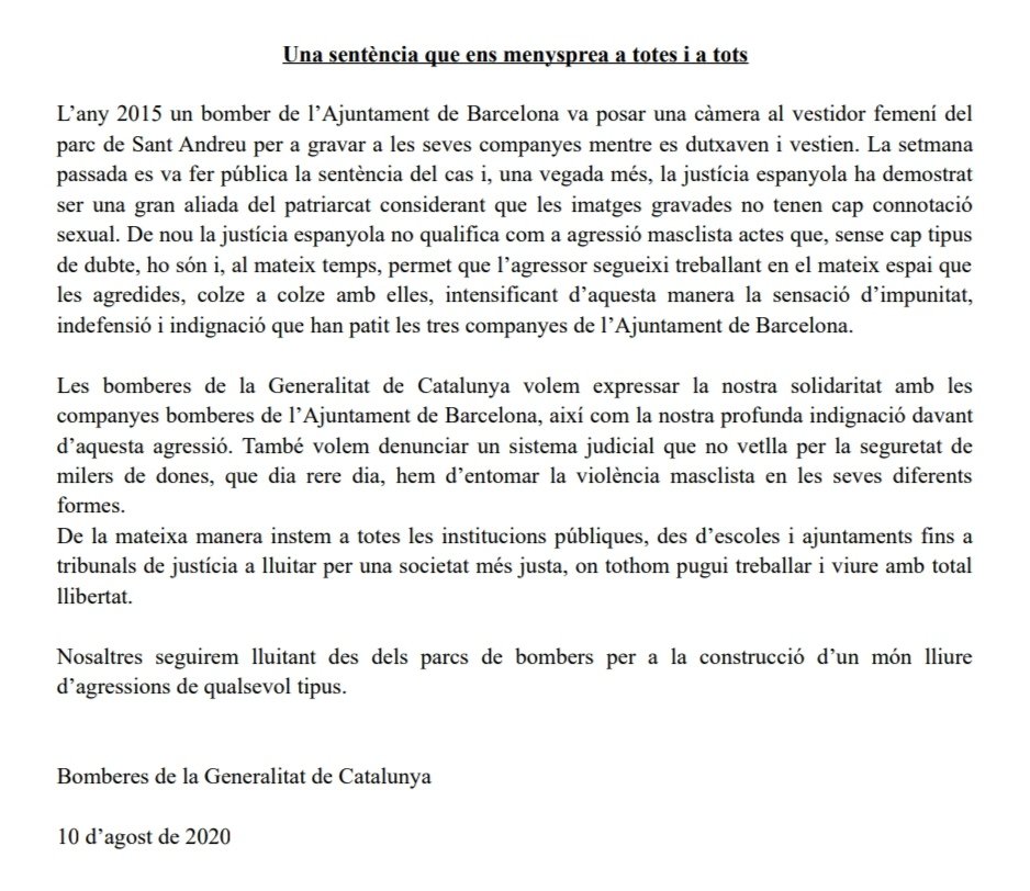 Escrit de suport de les Bomberes de la Generalitat a les seves companyes de Barcelona.

Ens fem nostres les seves paraules, per un món lliure d'agresions!!

✊
