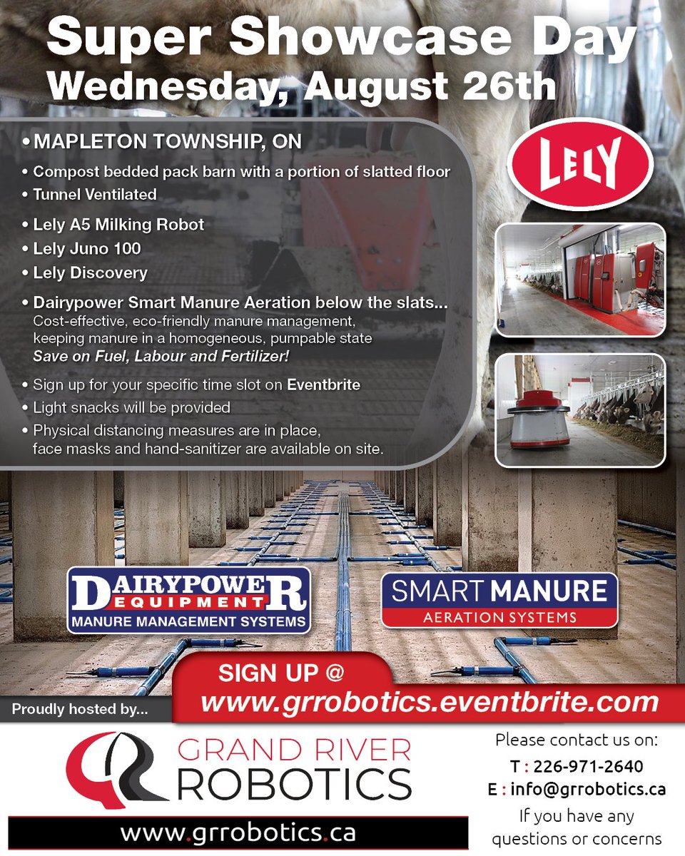 We're excited to announce our next event coming up on August 26th! Come see a tunnel ventilated compost pack facility. Includes a Lely A5 Milking robot, Juno &amp; Discovery as well as <a href="/DairyPowerEquip/">Dairypower Equipment</a> manure aeration. Sign up for your tour ow.ly/r7P150AVCUy