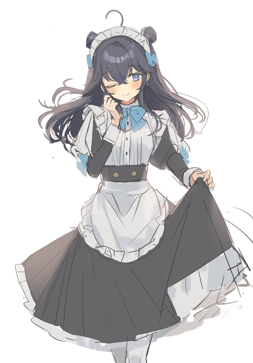 solo maid headdress maid one eye closed long hair smile black hair  illustration images