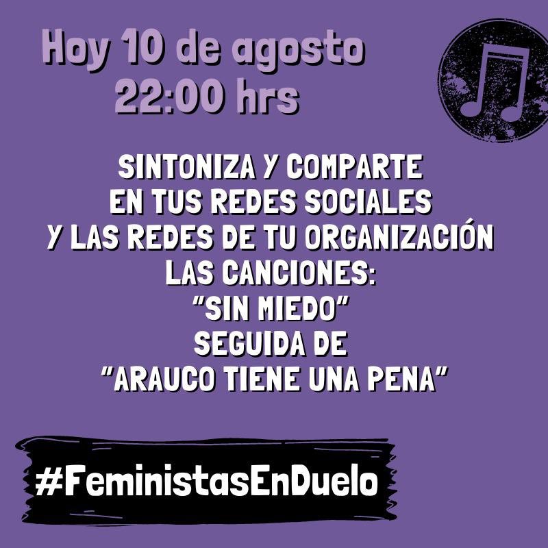 EnclaveJanequeo's tweet photo. Hoy 10 agosto a las 20 horas cacerolazo y a las 22 horas sintoniza y comparte en tus redes sociales las canciones: “sin miedo” y “arauco tiene una pena”. 
#FeministasEnDuelo https://t.co/6hS26VNGap