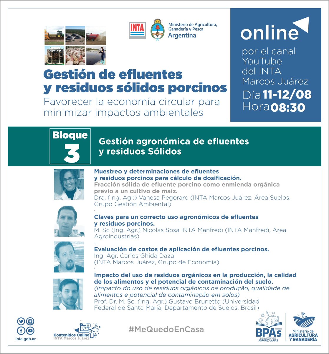 #AgendaINTA
El 11 y 12-agosto se realiza la jornada virtual "Gestión de #efluentes y residuos sólidos #porcinos" 🐷, con el fin de favorecer la #economía circular para minimizar impactos #ambientales ♻️

📝 Inscripción: bit.ly/efluentesinta
🖥 Charlas: youtube.com/INTAMarcosJuar…