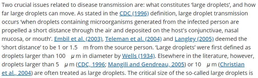 11/ CDC has used a similar definition for decades, see this discussion from Xie et al (Yuguo Li’s group, leading on disease transmission, just invited to talk in large WHO webinar last week)So droplets defined as angry birds indeed, and they fall within 1-2 m of person.