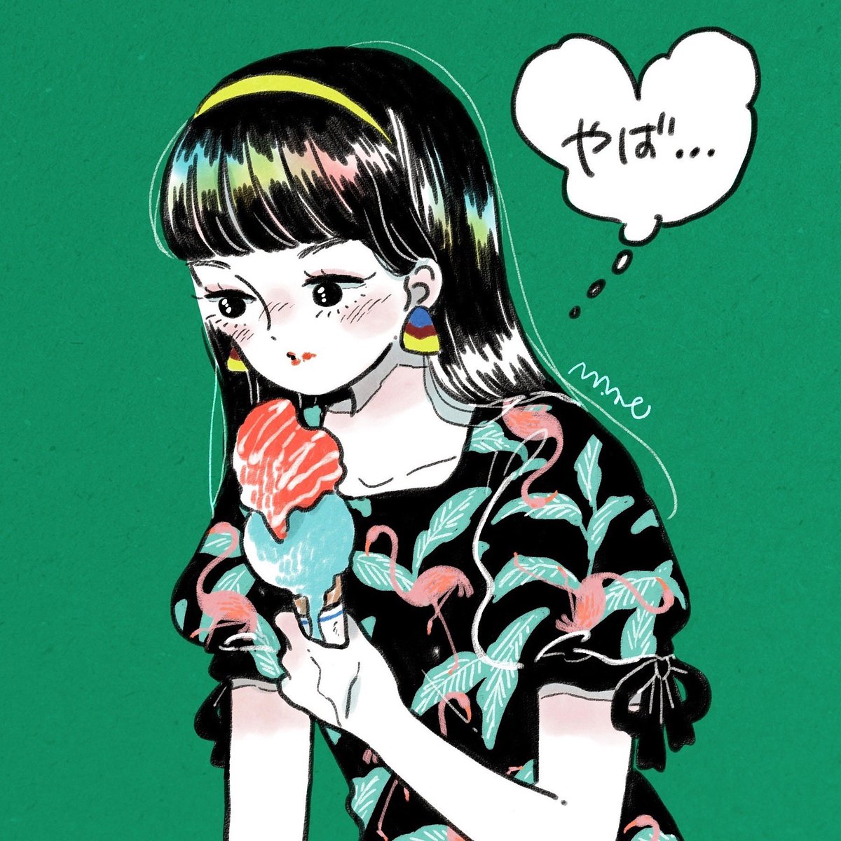 1girl solo black hair food long hair earrings short sleeves  illustration images