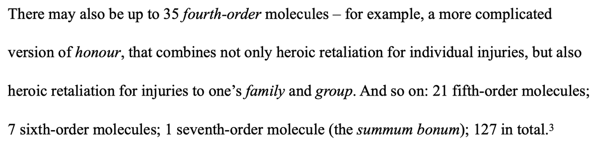 8. The theory also predicts that there might be a form of ‘honour’ that includes not only ‘reciprocity’ & ‘heroism’ but also 'family’ and ‘group’ This would be: family (1), group (1), reciprocity (1), heroism (1), deference (0), fairness (0), property rights (0) = 0001111 = #15