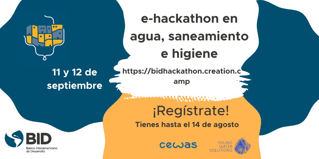 IDB_Lab's tweet photo. ⏳¡ÚLTIMA SEMANA! para  participar en el e-hackathon en agua 💧, saneamiento e higiene en asentamientos informales de América Latina y el Caribe.  Reserva tu plaza antes del 14 de agosto y participa en septiembre 👉 https://t.co/kTALKgbgBi cc @YoungWater_S @BIDagua #BIDHackathon https://t.co/KrQpijDBJv