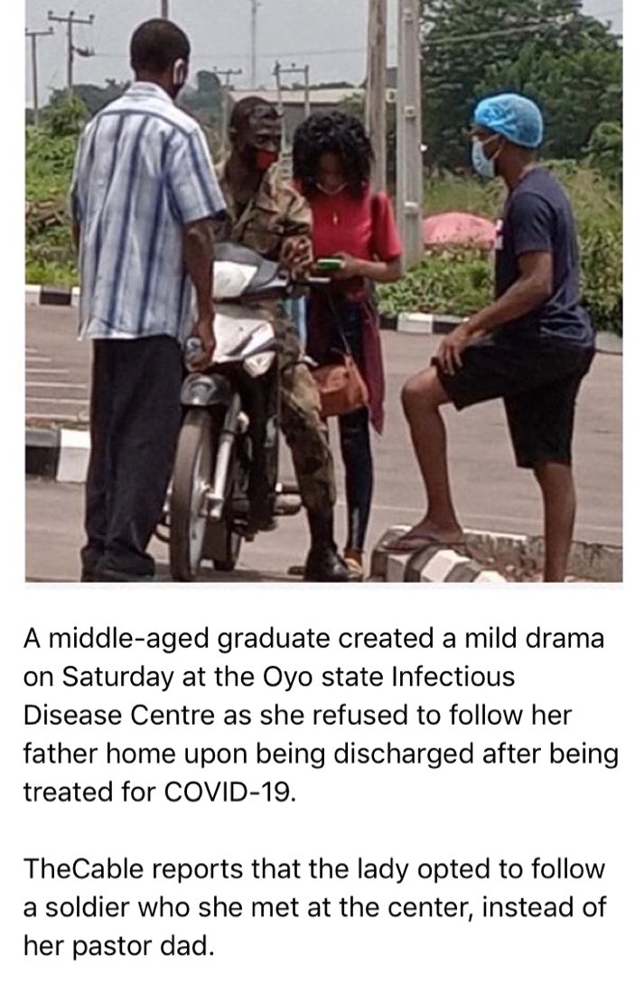 Temiyardpipu's tweet photo. ๐โโ๏ธ๐โโ๏ธ๐โโ๏ธLady ignores her dad, goes home with the man she met at isolation center in Oyo state.
Who go #Settlematter https://t.co/LduA44lVvE