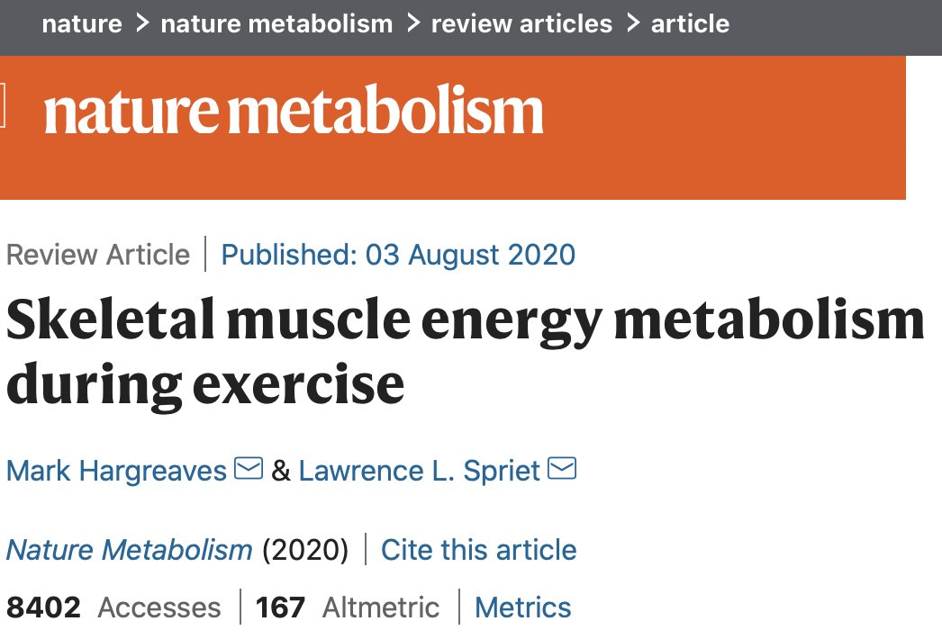 Skeletal muscle energy metabolism during exercise. New in <a href="/NatMetabolism/">Nature Metabolism</a> by Prof Mark Hargreaves and <a href="/LSpriet/">Lawrence Spriet</a>. Concise review by two experts. rdcu.be/b6aFE