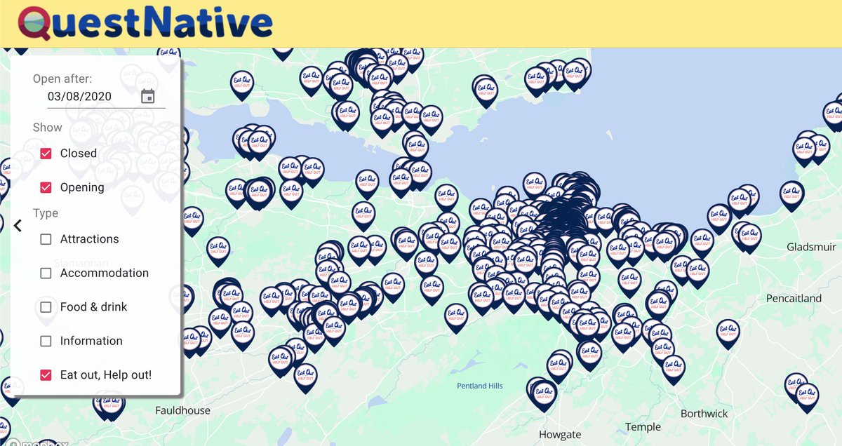 QuestNative's tweet photo. Hungry? Thirsty? Thinking of dinner? 667 eateries in #Edinburgh are offering the #EatOutToHelpOut discount. Your nearest one is the https://t.co/RfXmtuQd3e map https://t.co/iPowuh91m6