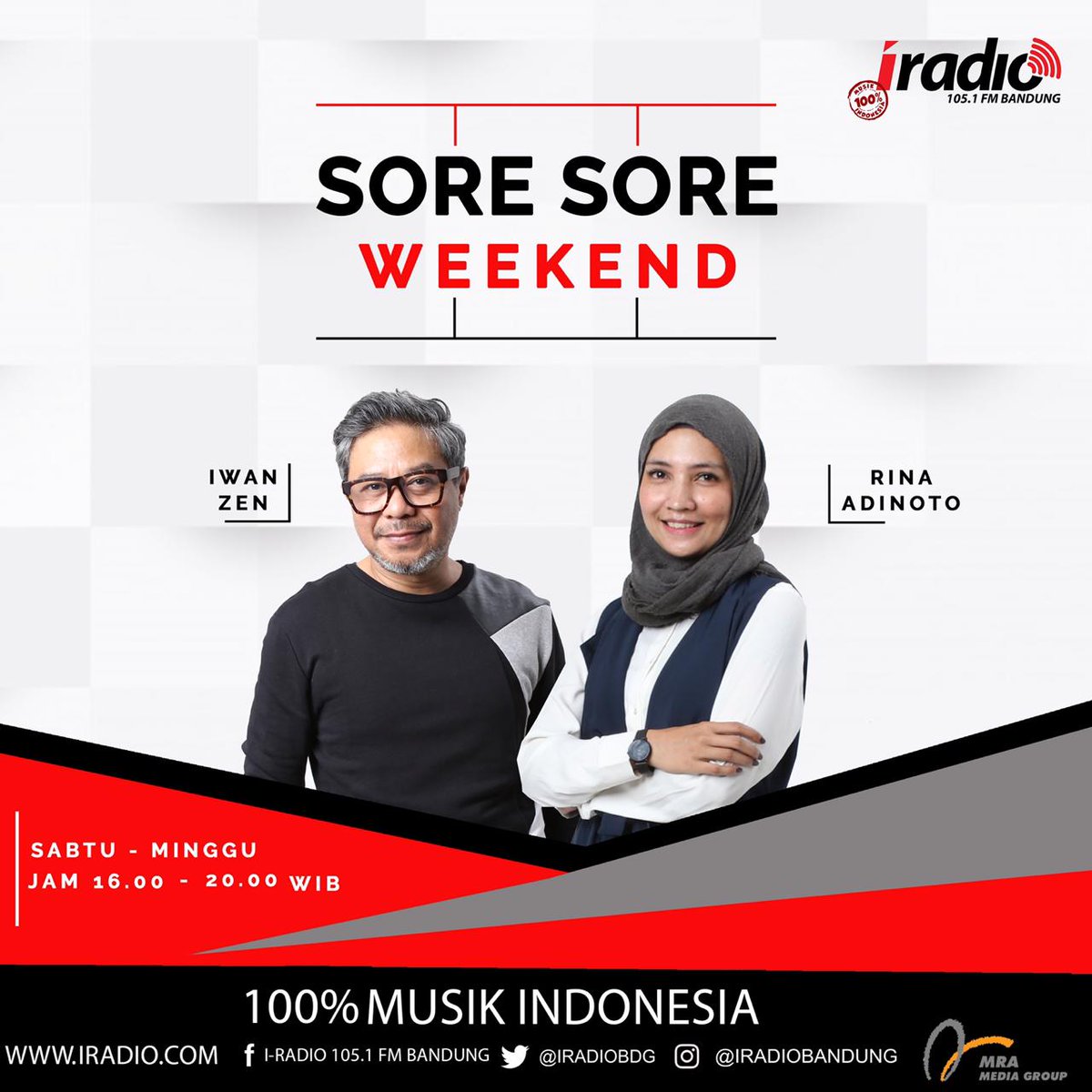 #SoreSoreWeekend ditemenin sama <a href="/IwanZen/">Iwan Zen</a> &amp; <a href="/RINASSS/">Rina A.Rakhman</a> yuk Setiap hari Sabtu &amp; Minggu Jam 4 Sore sampai 8 Malam di 105.1FM <a href="/iradiobdg/">ISWARA BANDUNG</a>