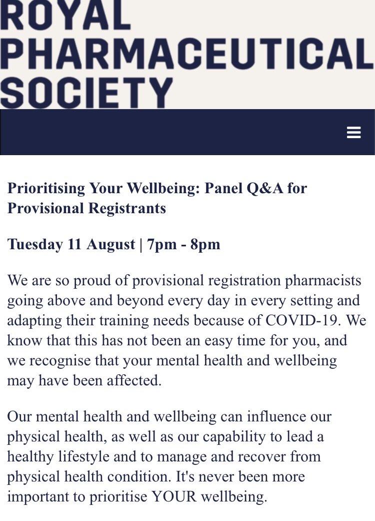 Are you currently/going to be working as a provisional #pharmacist?

Join me, @RobbieMTurner and representatives from @BPSA , @PharmaSupport  and @MentalWealthAcd at tomorrow night’s @rpharms webinar on ‘Prioritising your wellbeing’ 

To book, visit events.rpharms.com/ereg/newreg.ph…