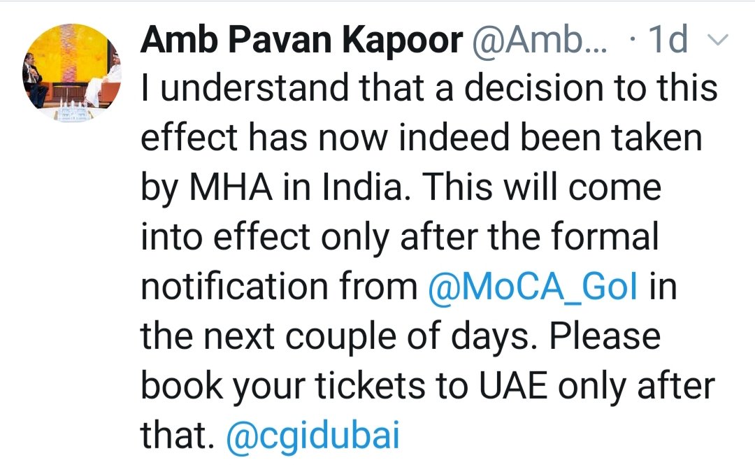 Ripa91215989's tweet photo. We all are waiting for final decision and notification of @MoCA_GoI ,so we can book our tickets to UAE with visit Visa. Hope at the end  of day,we get some positive news.#IndiatoUae @emirates @AmbKapoor @PIBHomeAffairs @AmbKapoor @HardeepSPuri @airindiain https://t.co/9qjCd7D94Y