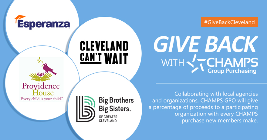We're happy to announce today our “Give Back With CHAMPS GPO” campaign in support of Northeast Ohio nonprofits. #GiveBackCleveland

LEARN MORE: bit.ly/3acEAcB