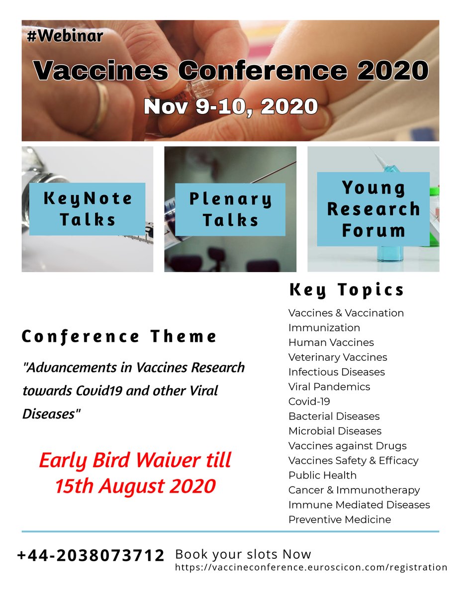 AlexJon99768429's tweet photo. #CoVid19
#VaccinesCongress2020 #Webinar_Invitation #Nov 9-10, 2020
#SubmitYour_Abstract_Article_Manuscript
#Theme: Advancements in Vaccines Research towards Covid19 and other Viral Diseases
Visit: https://t.co/R5gJtOmHy0

#Mail: euroaccines2020@gmail.com
#Whatsapp: +44-3308088515 https://t.co/olEPE4bmOq