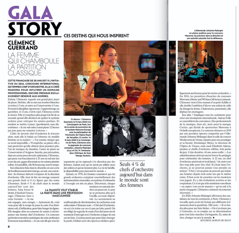 🎶 « Clémence Guerrand  la femme qui chamboule la partition classique » est dans Gala ! 

« Cette française de 38 ans est à l’initiative du seul concours international de femmes chefs d’orchestre, #MAWOMA » ! 

Merci Severine pour ce très beau papier.