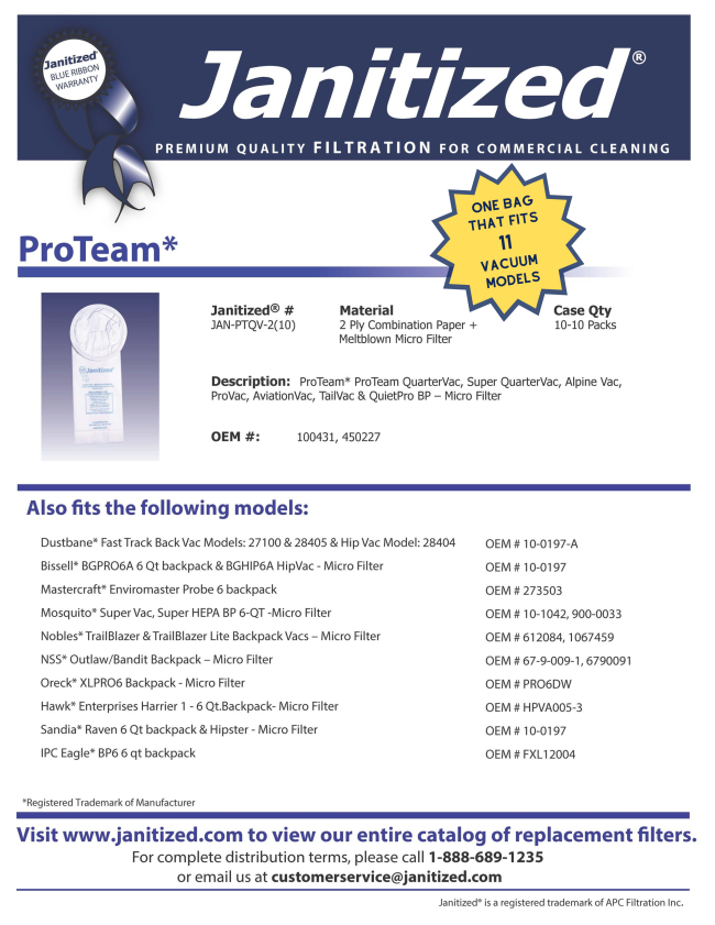 Janitized's tweet image. The Janitized ProTeam vacuum bag fits 11 different vacuum models! 
ow.ly/jxGC50AVkts