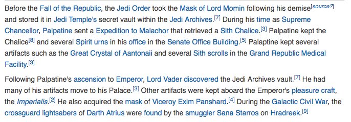 Part 3So let’s dive into some of that history and lore they were exploring shall we?Back to dear ol Palps...so even before he was Emperor had the resources to do whatever he wanted, he was collecting *sith* relics and keeping them in his Senate chambers