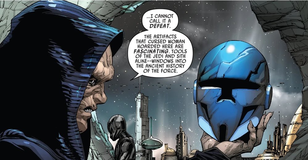 Then, once he secured power and killed off all the jedi, he broke into Joscata Nu’s archive at the Jedi Temple. Essentially he took the Jedi’s collections of artificats for his own.Of particular note for me is: the Momin mask.