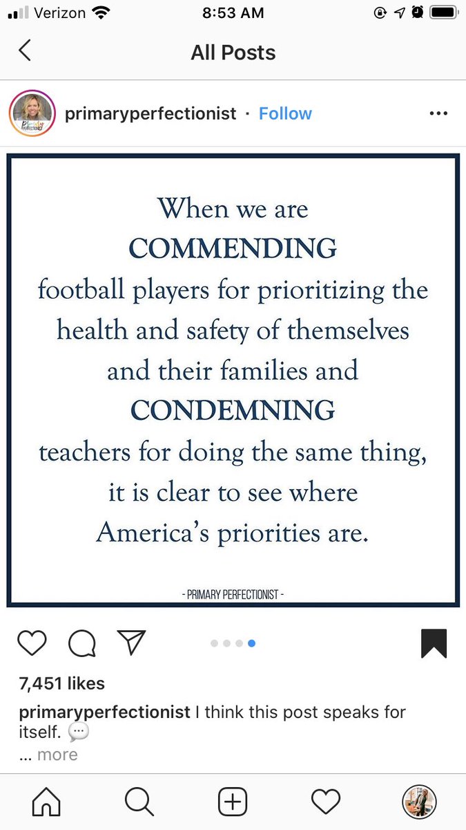 Saw this on Instagram this morning and honestly, it hurts. I know that overall my friends and family mean well but, think about what you’re really telling teachers when you talk about going back to school this year. What are your priorities?
