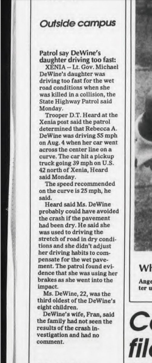  @LimesJodi found article about  #BeckyDewine's accident. "She was driving on wet roads. Speed limit on curve was 25. She was driving 55. So it was her fault."  #Ohio  #RINO  #GovMikeDewine felt the other driver was at fault ‍ https://scholarworks.bgsu.edu/bg-news/5562/?utm_source=scholarworks.bgsu.edu/bg-news/5562 https://twitter.com/LimesJodi/status/1292654464432844800?s=19