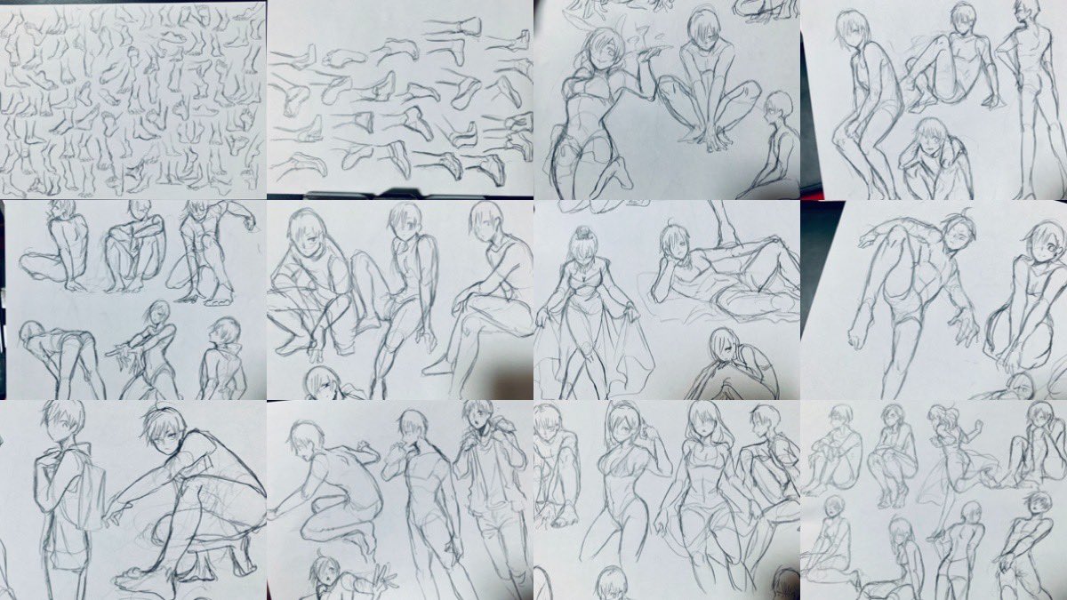 手の前に描いたポーズとかと手の後に描いた足。しばらく絵の練習しま 