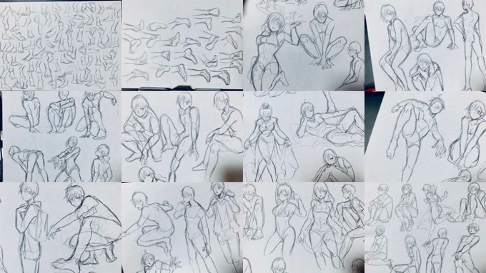手の前に描いたポーズとかと手の後に描いた足。しばらく絵の練習しま 