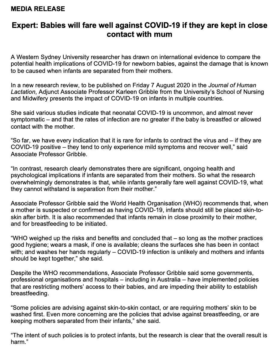 New article available comparing the potential health implications of COVID-19 on newborns against the damage caused by separating infants and mothers by Editorial Review Board Member Karleen Gribble, PhD