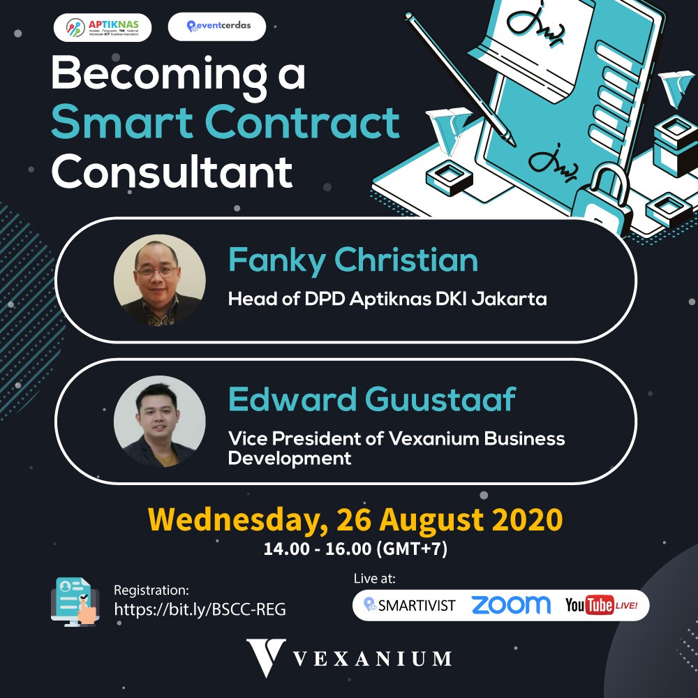 eventcerdasid's tweet photo. Menjadi Smart Contract Consultant Blockchain? Ayo ikutan event ini, dan siap jadi konsultan..  #blockchain #smartcontracts #eventcerdas #vexanium #smartivist #smartcity #crypto #aptiknas https://t.co/q3xKD3JYkG
