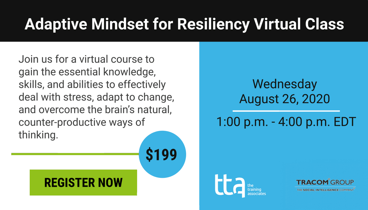 TTATraining's tweet photo. We have partnered with @SOCIALSTYLE offer a virtual course where you obtain the knowledge and skills to effectively deal with stress, adapt to change, &amp; overcome the brain’s natural, counter-productive ways of thinking.

https://t.co/UlHrVhRzqf

#adaptivemindset #TTA #resilience https://t.co/qdVbxq0mLB